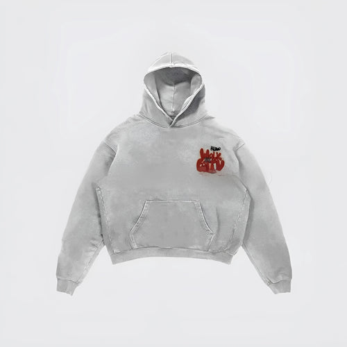 Granny grey hoodie with vintage letter print, long sleeves and pockets, street hipster style