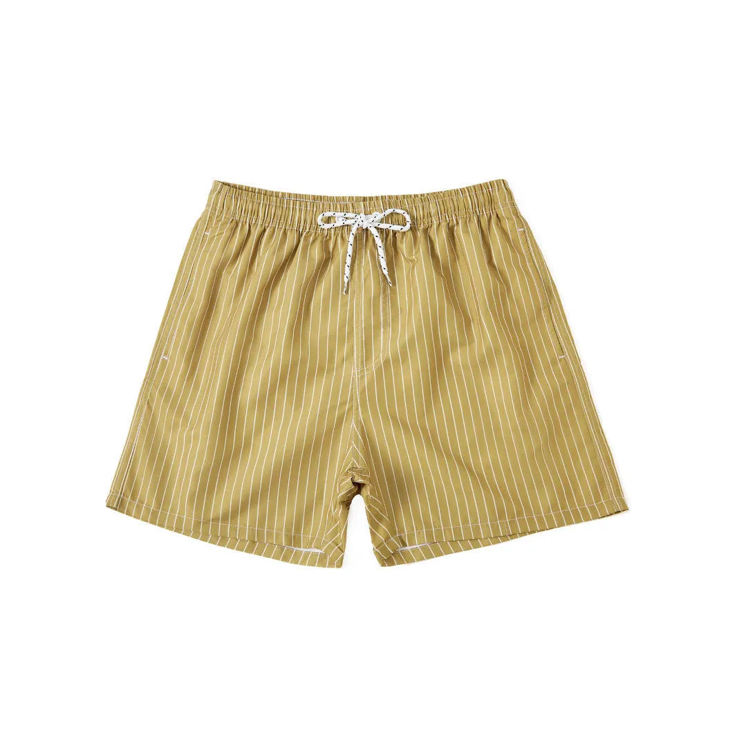 Men's striped beach shorts in navy blue, made from polyester fibre with a straight leg opening.