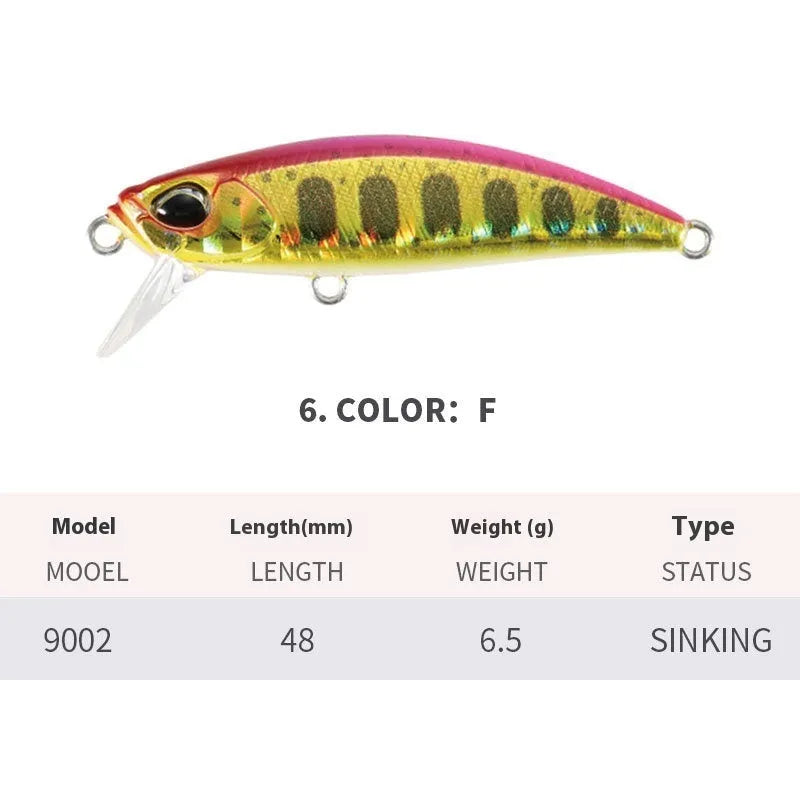 48mm submerged mino fishing lure for mandarin fish and snakehead in various colours
