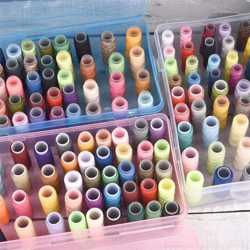 Transparent plastic storage box with 42 compartments for embroidery threads and sewing supplies