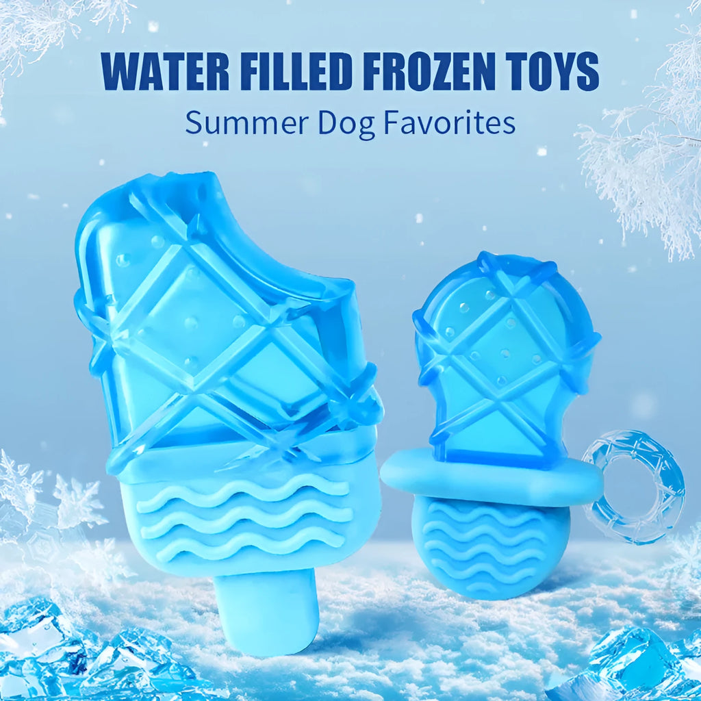 Assorted dog cooling toys including water-filled popsicles, silicone pacifier chews, and rope-attached ring in bright colours