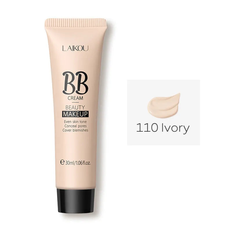 Natural Makeup BB Cream 30ml tube with nine shade swatches from Ivory White to Brown