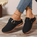 Women's casual wedge slipper in light brown with cloth upper and rubber sole