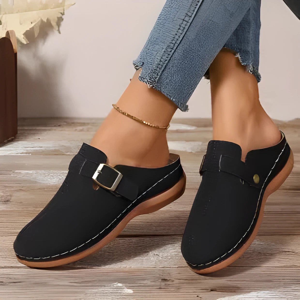Women's casual wedge slipper in light brown with cloth upper and rubber sole