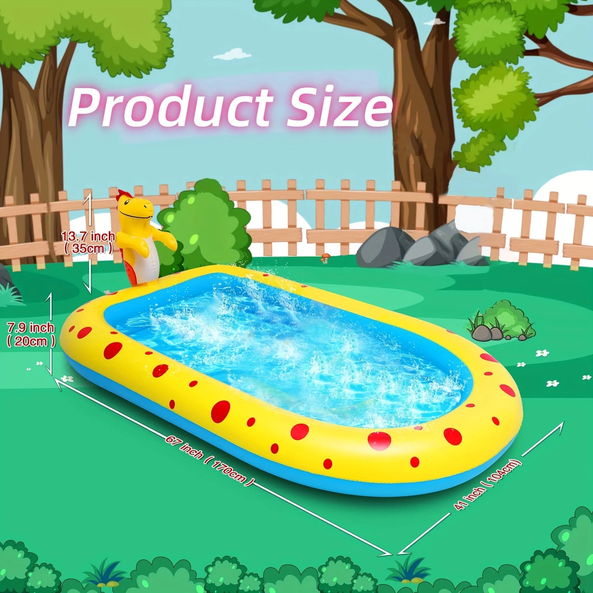 Blue dinosaur-themed water spray pool with shark toy measuring 170cm long for garden play