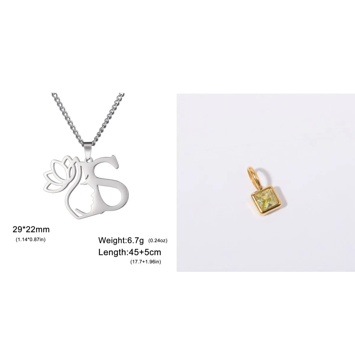 Stainless steel necklace with letter pendant on cross chain in gold or silver electroplated finish