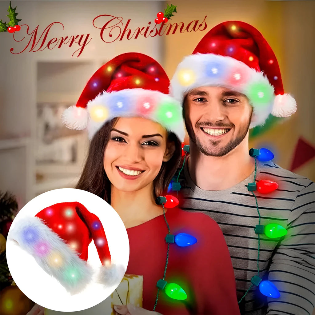 Red and white LED light up Santa hat with multicolour lights and pom-pom