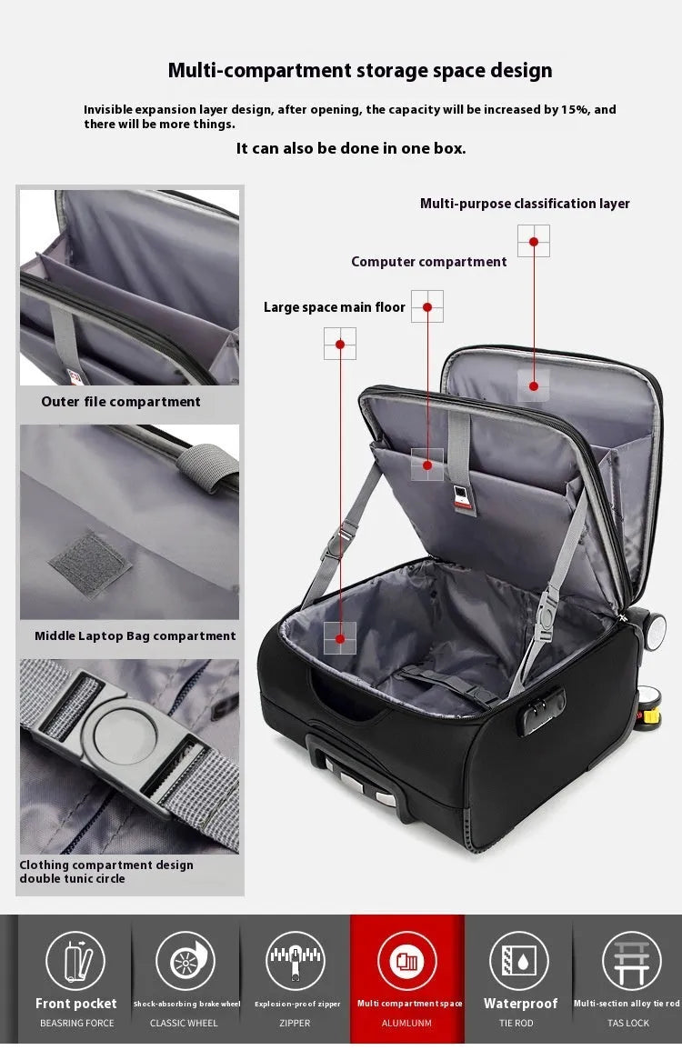 18 inch black Oxford cloth business travel suitcase with telescopic handle and universal wheels.