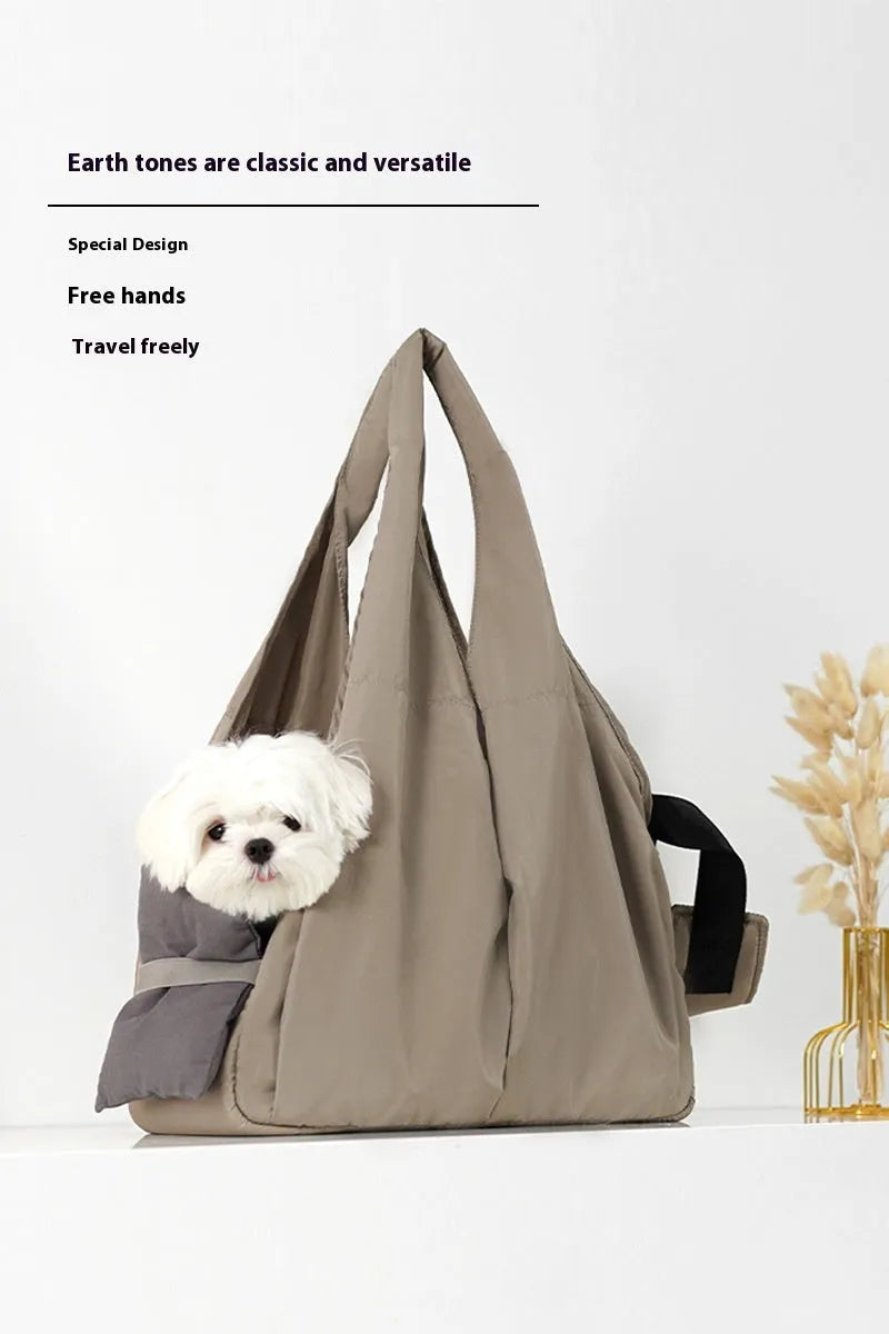 Apricot cloth pet handbag measuring 41cm long for small dog or cat summer transport