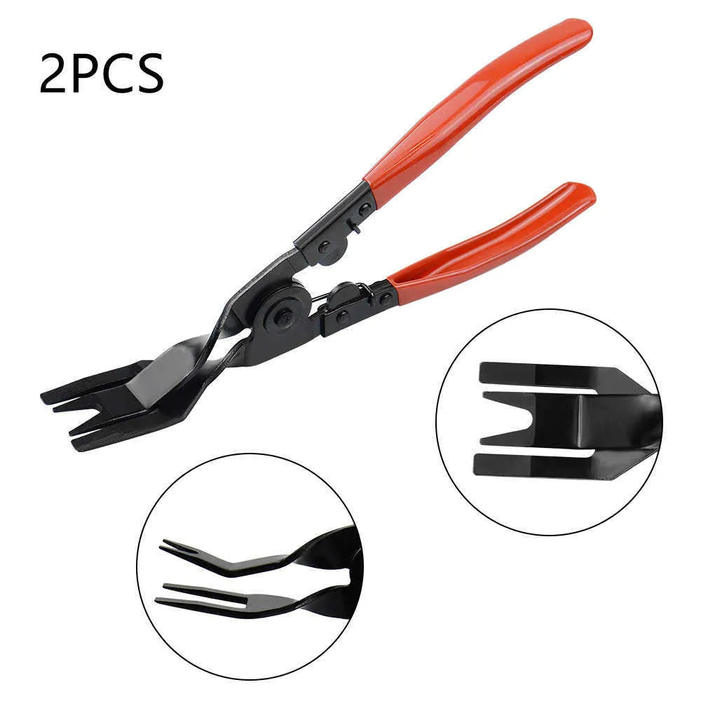 Red handle automotive clip driver tool for General Motors door panel nailing with light switch pliers
