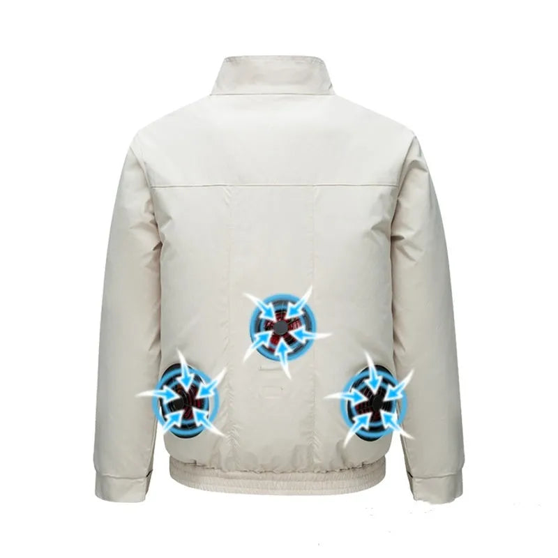 Men's summer work jacket with integrated fan cooling system and ventilation holes