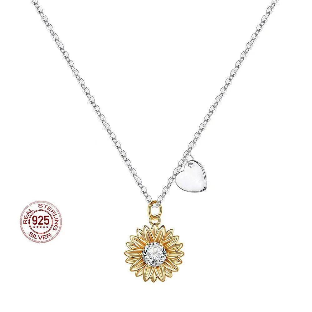 925 silver sunflower necklace with geometric pendant on adjustable cross chain