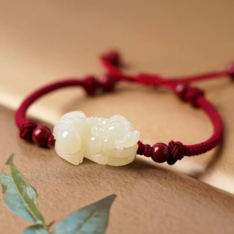Hetian jade bracelet with black and red braided ropes traditional Chinese jewellery