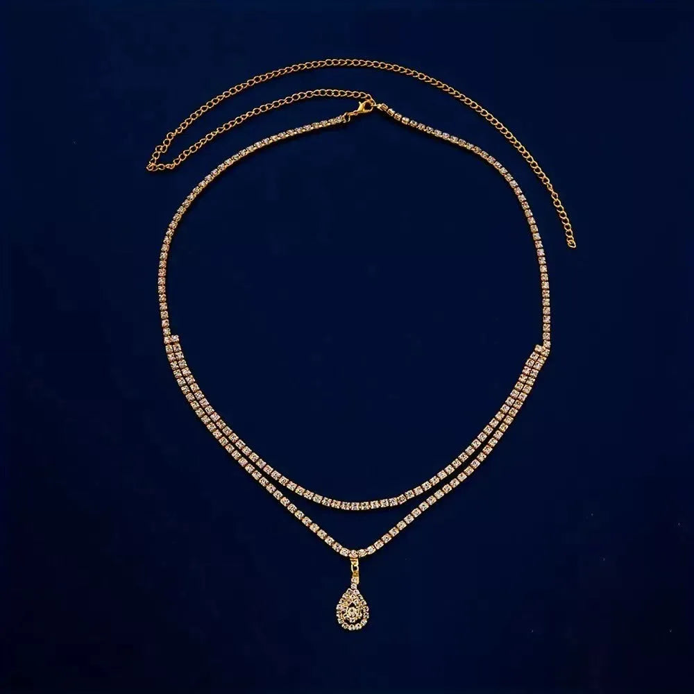 Gold rhinestone water drop pendant waist chain with lobster clasp, 115cm length