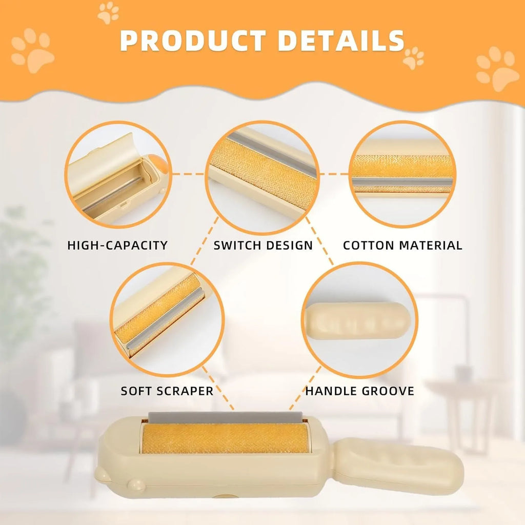 Blue reusable pet hair remover roller with self-cleaning base on a grey sofa.