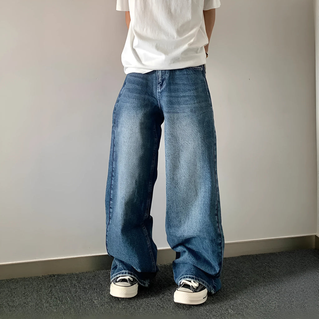 Blue designer embroidered high-waisted retro loose slimming trousers for teenagers