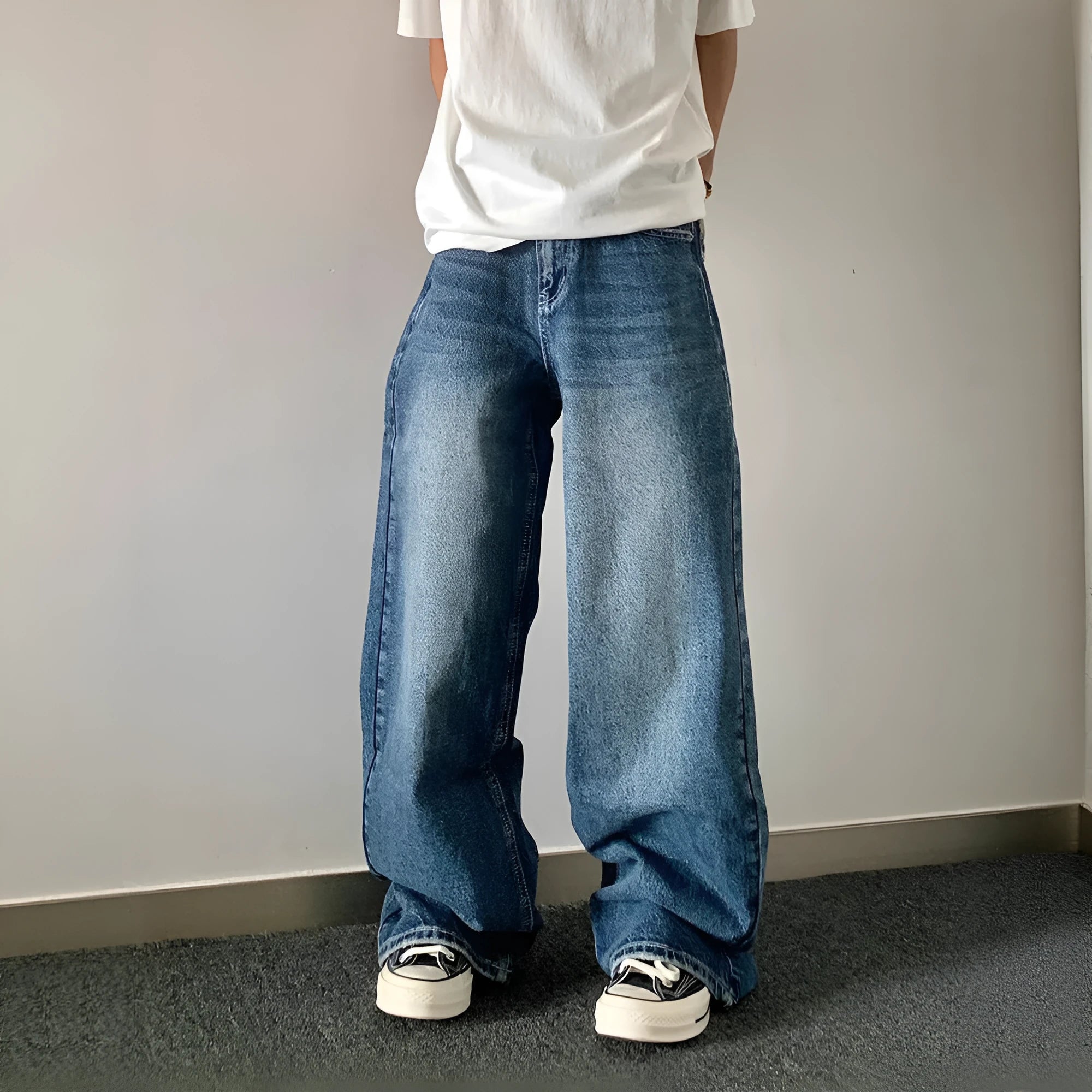 Blue designer embroidered high-waisted retro loose slimming trousers for teenagers