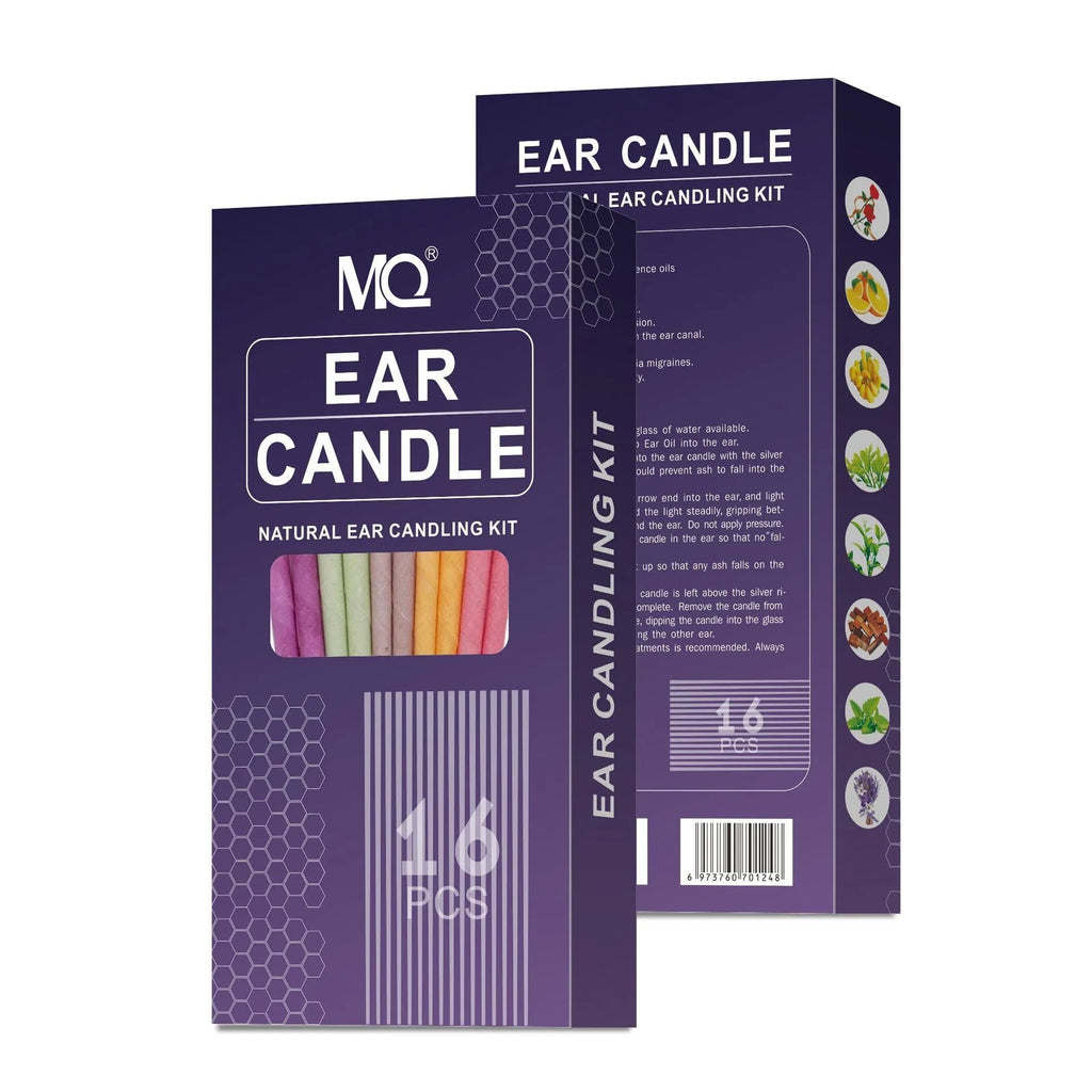 Ear candling kit showing assorted coloured candles, protection boards, and cotton swabs.