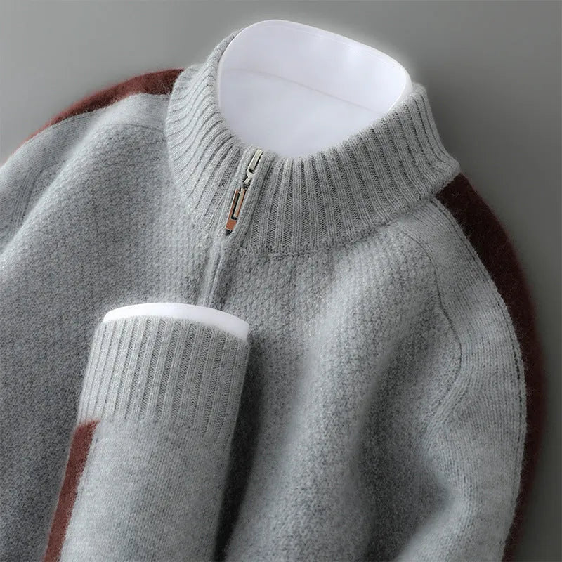 Half-zip round neck slim fit sheep wool knitted sweater in grey.