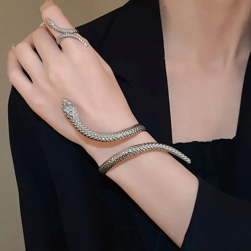 Gold and silver exaggerated twisted winding snake design bracelet and ring two-piece jewellery set
