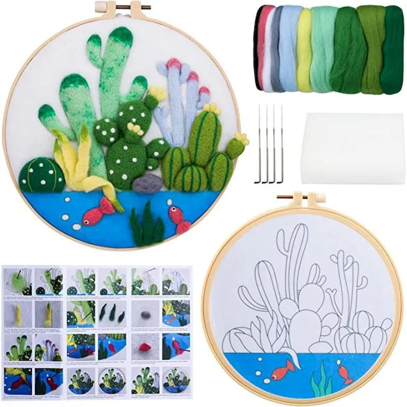 Round 20x20 cm linen embroidery kit with wool felt pieces for floral design and included embroidery frame.