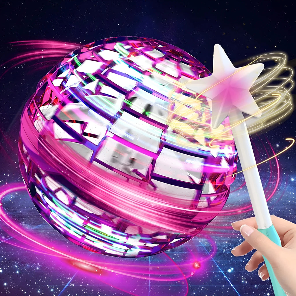 Blue LED spinning flying ball toy with magic wand accessory on white background