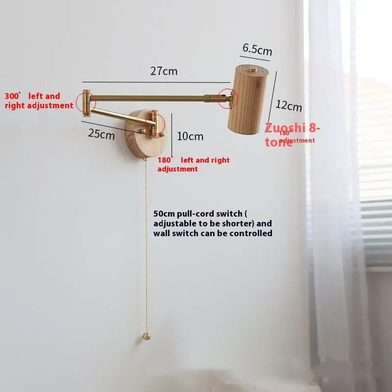 Retro-style wall lamp with a long, rotating arm and classic lamp head, shown in a wood finish with a visible wall switch.