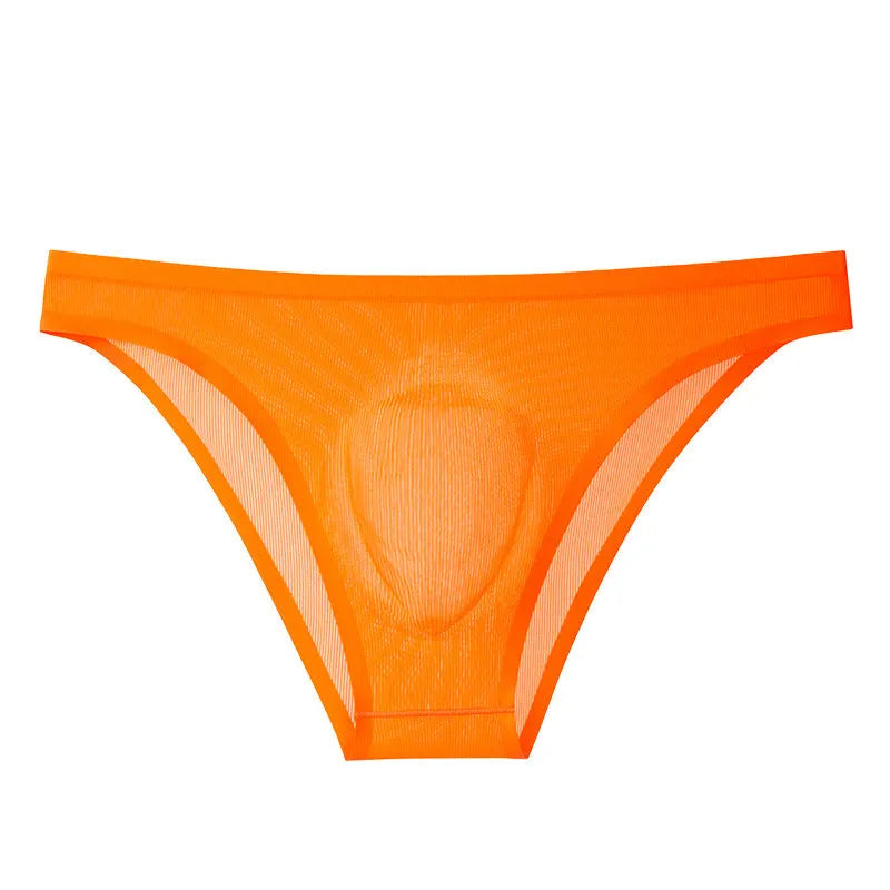 Translucent ultra-thin seamless Ice Silk men's underwear briefs in black stripes, low-waist knitted nylon construction
