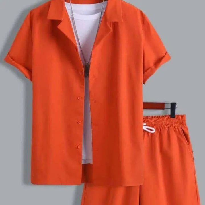 Men's Cuban collar sport suit with short sleeve top and matching shorts in lightweight polyester fabric