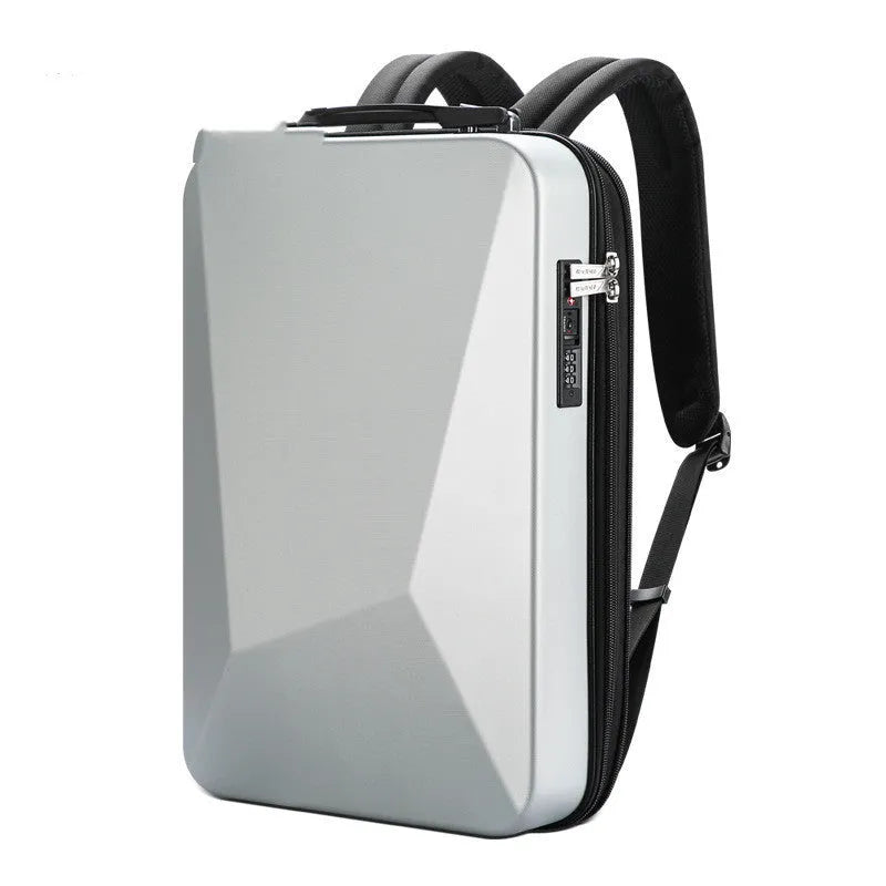 Hard shell gaming backpack with lock showing dedicated computer and phone compartments