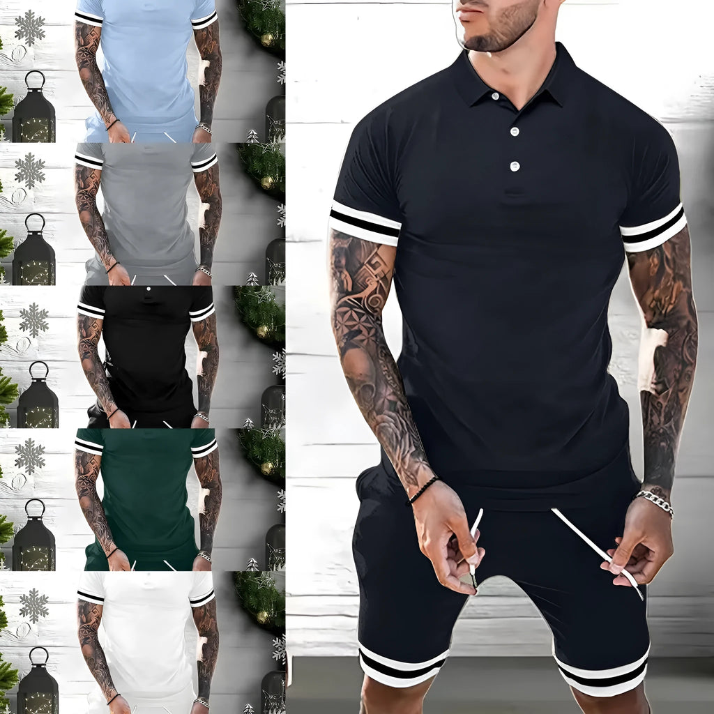 Men's polyester casual short set with polo shirt and shorts in navy blue, shown flat on a white background