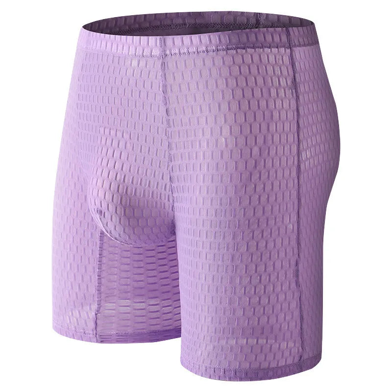 Men's solid colour lace boxer shorts with hip-lifting shaping design
