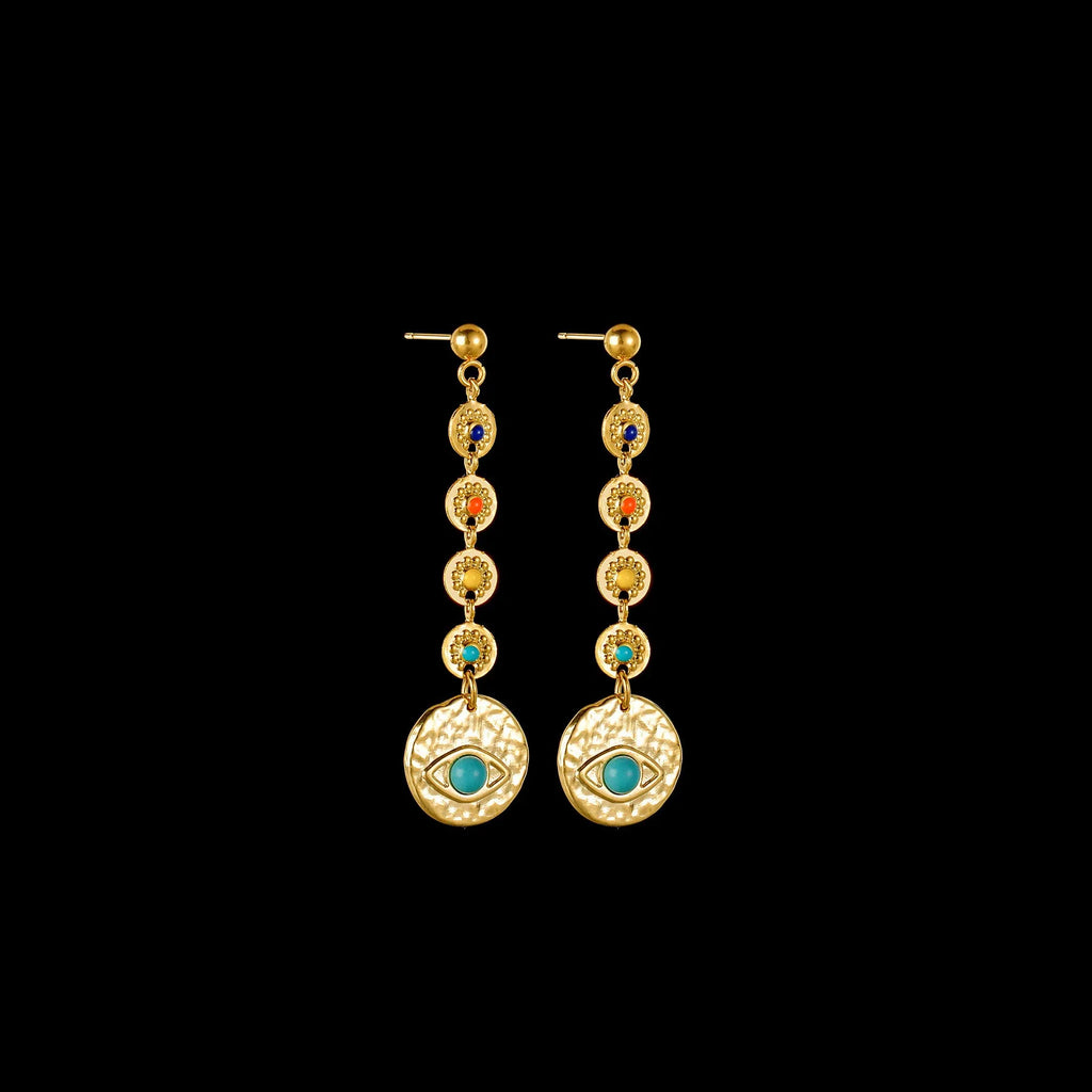 Geometric stainless steel earrings available in Eight Awn Star, Eye, and Shell Sun designs.