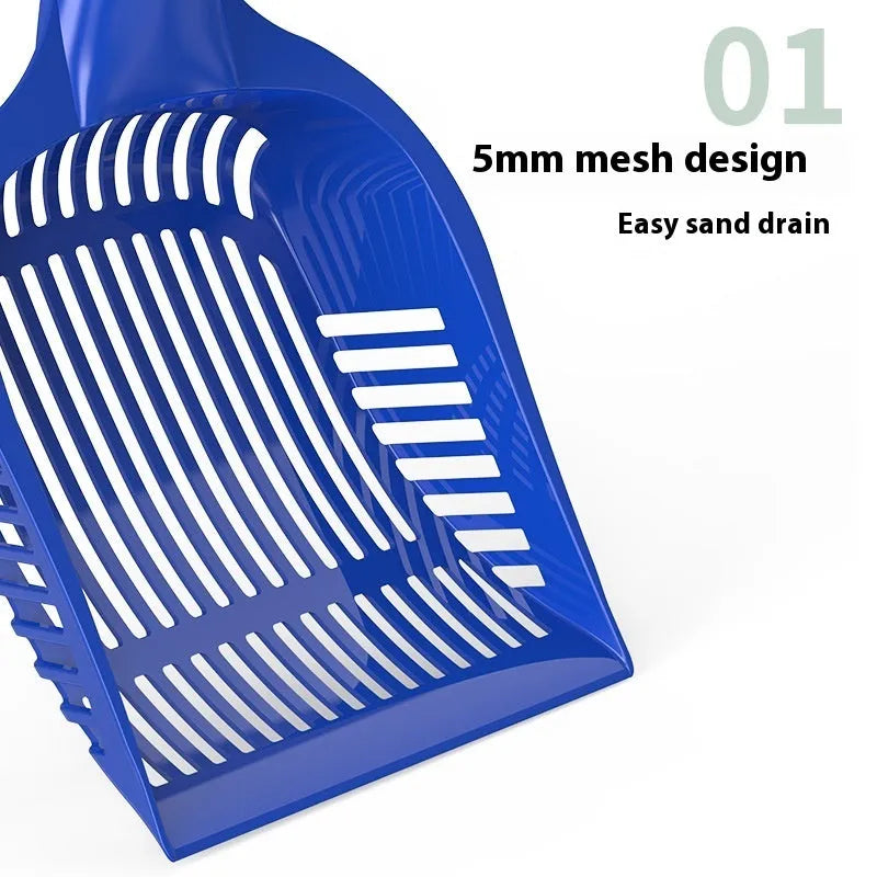 Red, yellow, and blue plastic cat litter scoops in small and medium sizes for pet toilet cleaning