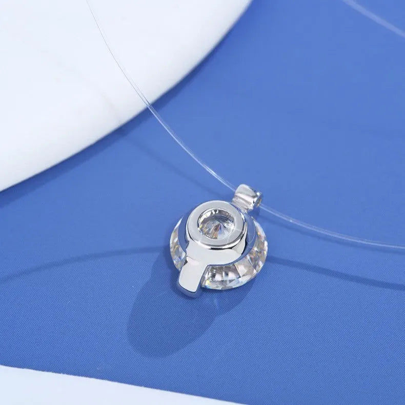 Women's silver moissanite pendant necklace on invisible fishing line with plum blossom design