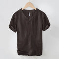 Linen short sleeve pullover T-shirt top in brown, green, dark gray, khaki, and white colours