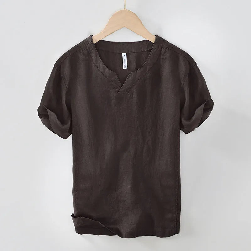 Linen short sleeve pullover T-shirt top in brown, green, dark gray, khaki, and white colours