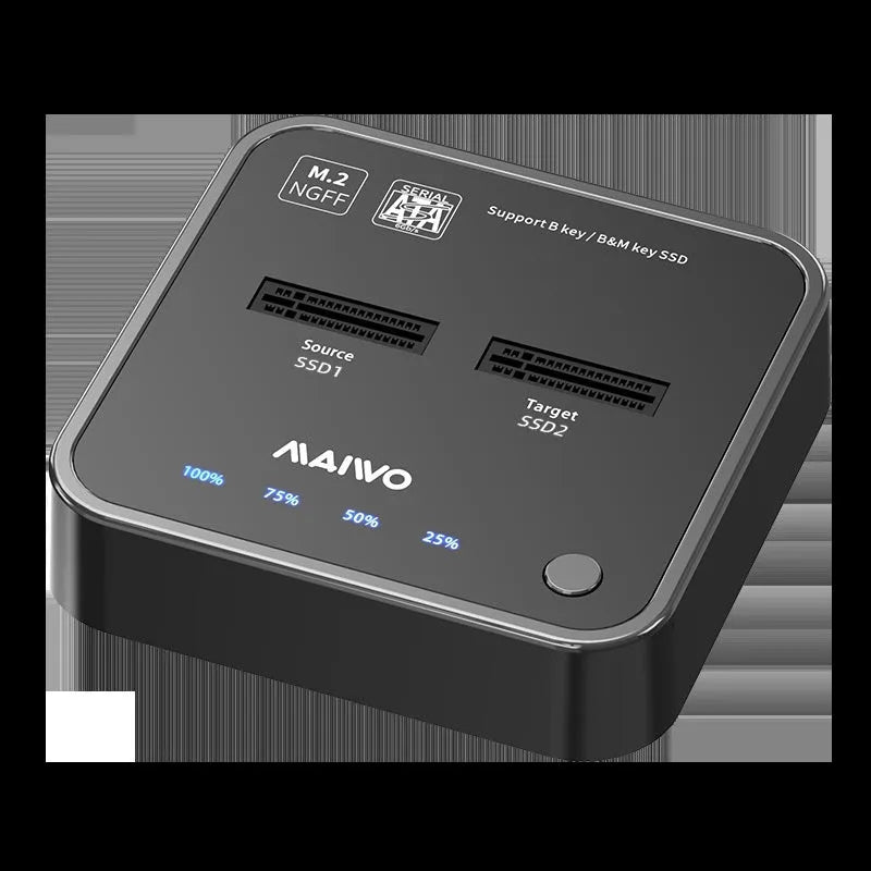 MAIWO K3016 M.2 solid state hard drive dock and copier unit with data cables and UK plug power adapter.