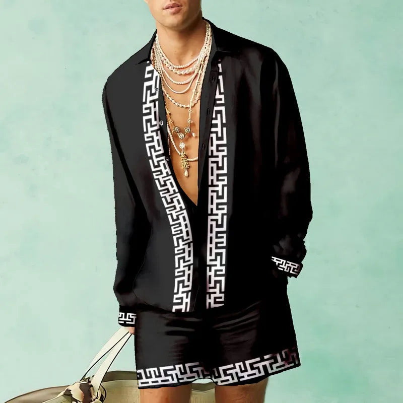 Men's slim fit casual summer matching set with long sleeve shirt and shorts on a hanger