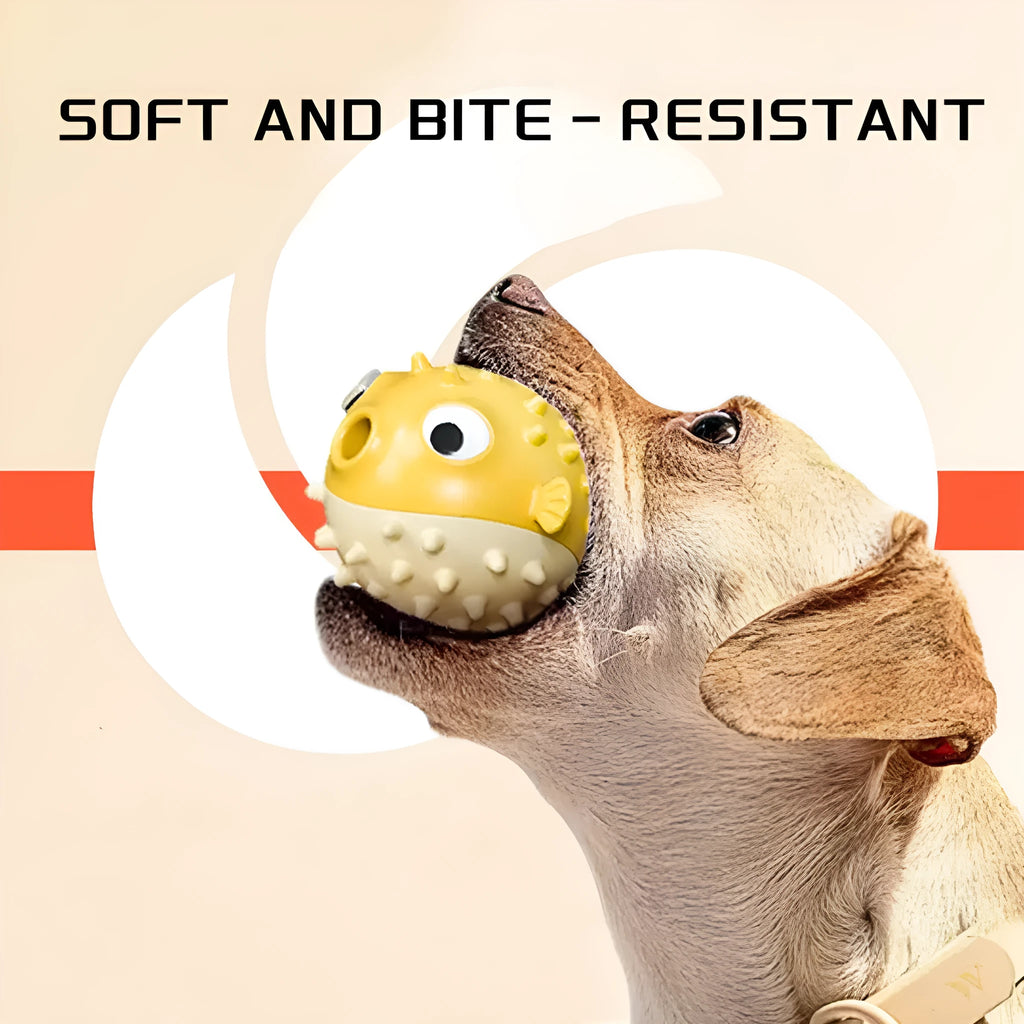 Yellow fish-shaped vinyl dog chew toy with textured surface for teeth cleaning.