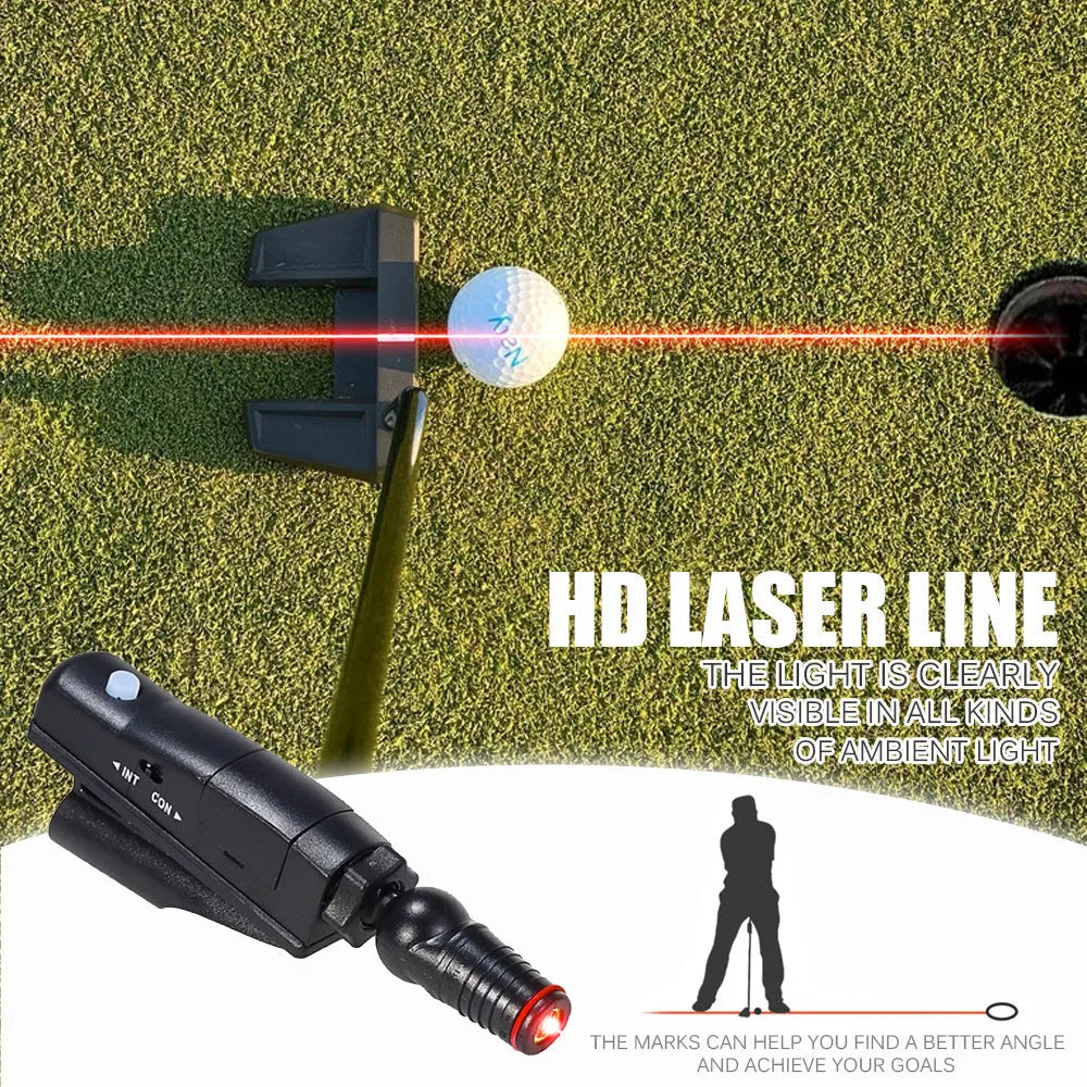 Black golf putter laser aiming sight accessory mounted on club shaft