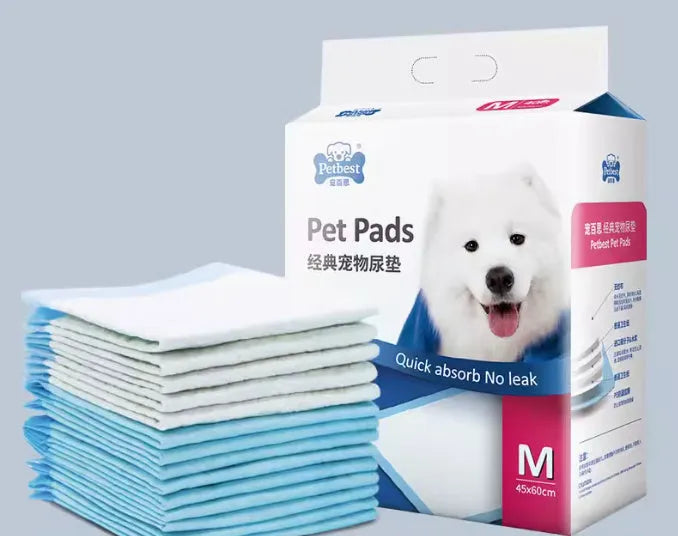 Pack of thickened dog urine pads showing adhesive backing and size options