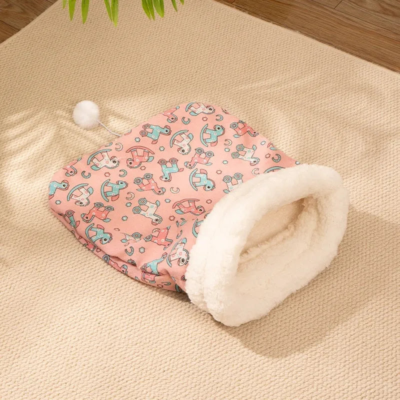 Blue rabbit motif flannel cat sleeping bag nest bed measuring 50 by 40 centimetres.