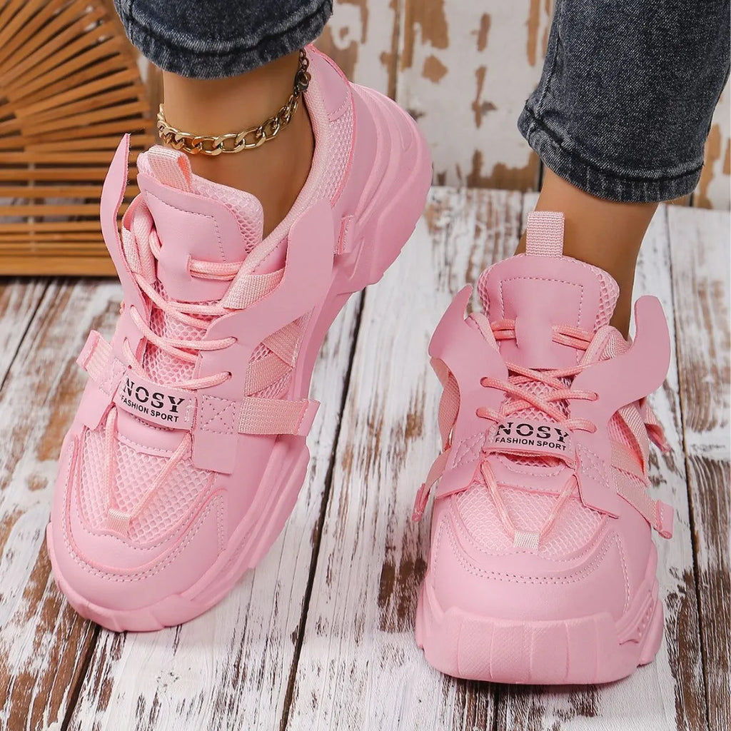 Women's platform mesh dad shoes in multiple colours with animal pattern design and lace-up front