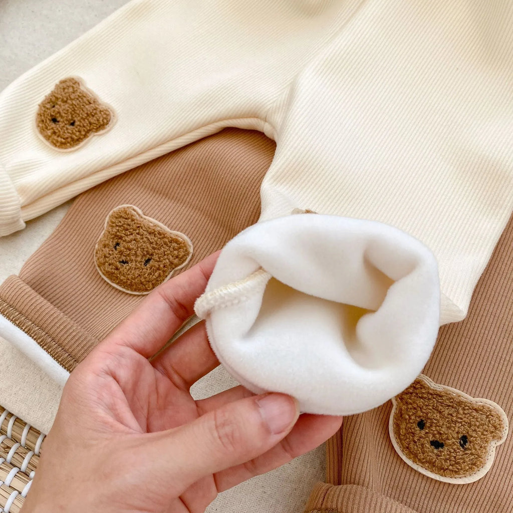 Cotton bear embroidered high-waist trousers for children, autumn winter, milk apricot colour