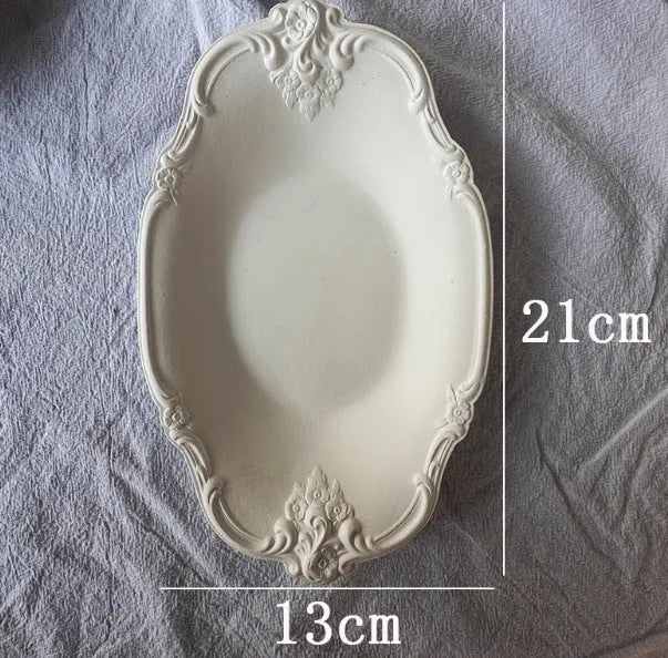 Vintage French relief gypsum jewellery display plate with sculptural plaster design and white matte finish