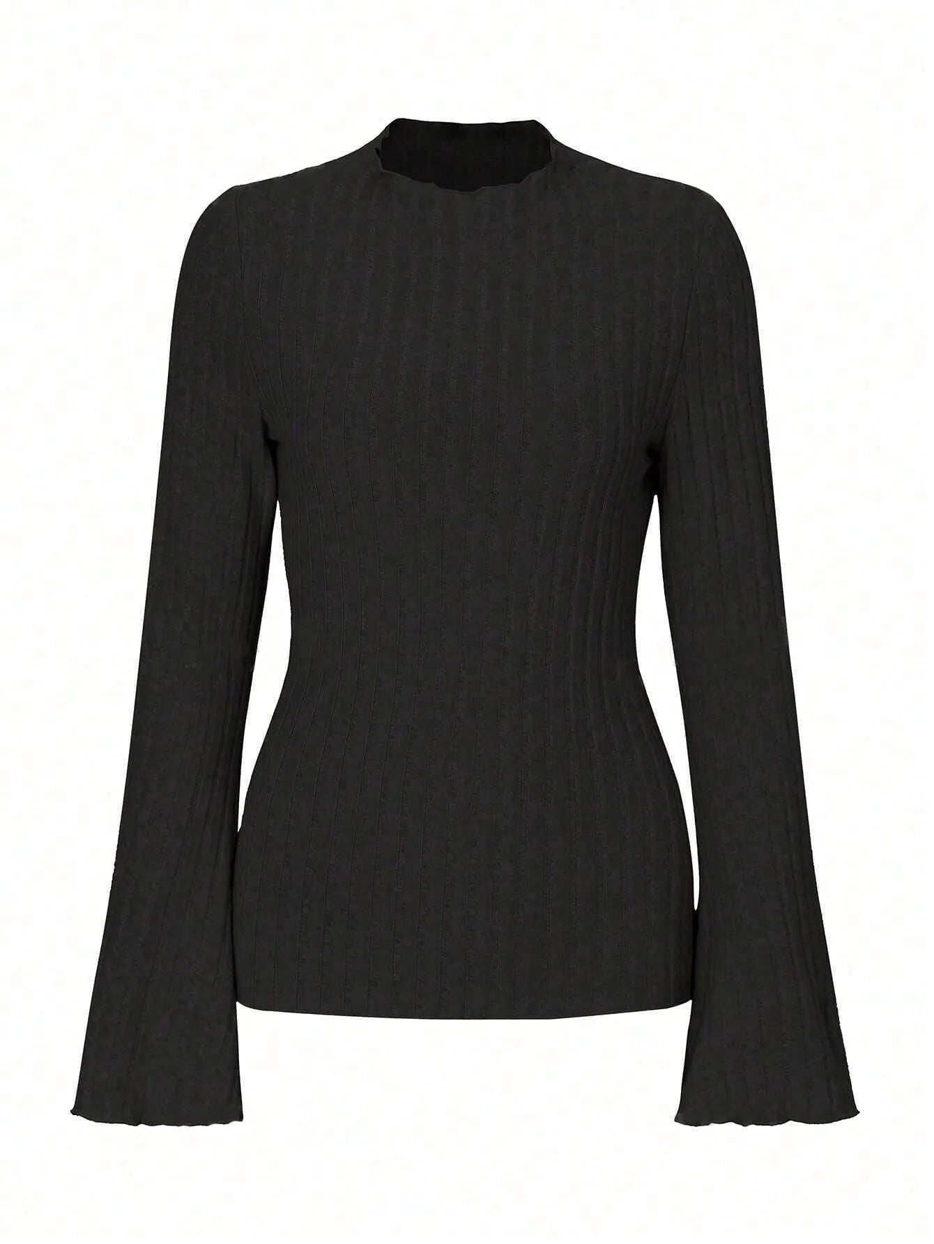 Long sleeve round neck top in brushed polyester with lantern sleeves and sunken stripe pattern