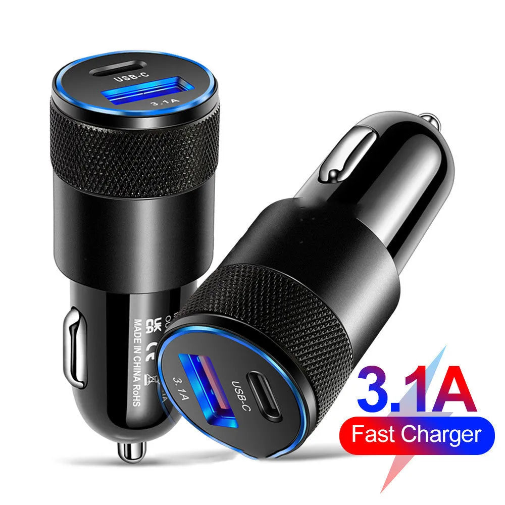 Aluminium alloy mobile phone car charger showing compact 2.5cm by 6cm dimensions