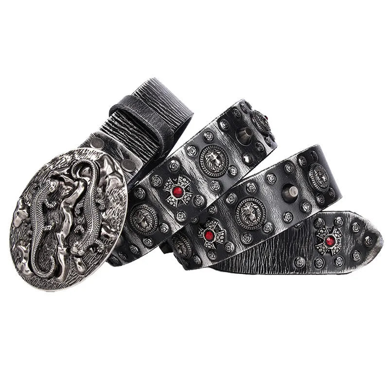 Men's black genuine leather belt with silver punk rivets and a smooth alloy buckle.
