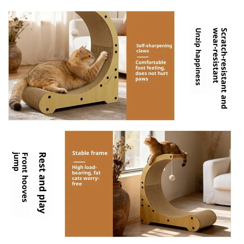 Multi-functional corrugated paper cat scratching board nest climbing frame in arc shape with replacement core, pastoral style, independently packaged.